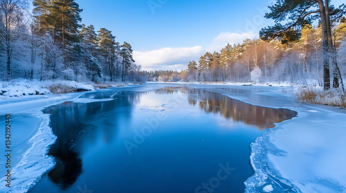Changing season with frozen lakes beginning to crack, revealing glimpses of flowing water beneath the ice