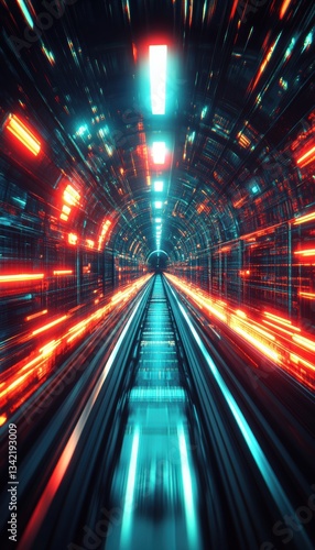 High-speed travel through a futuristic tunnel, illuminated by vibrant neon lights.