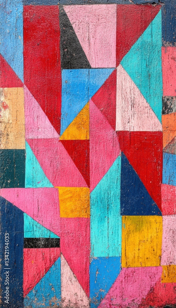 Vibrant geometric abstract art painted on wood. A colorful composition of triangles and squares. Vibrant geometric abstract art painted on wood. A colorful composition of triangles and squares.