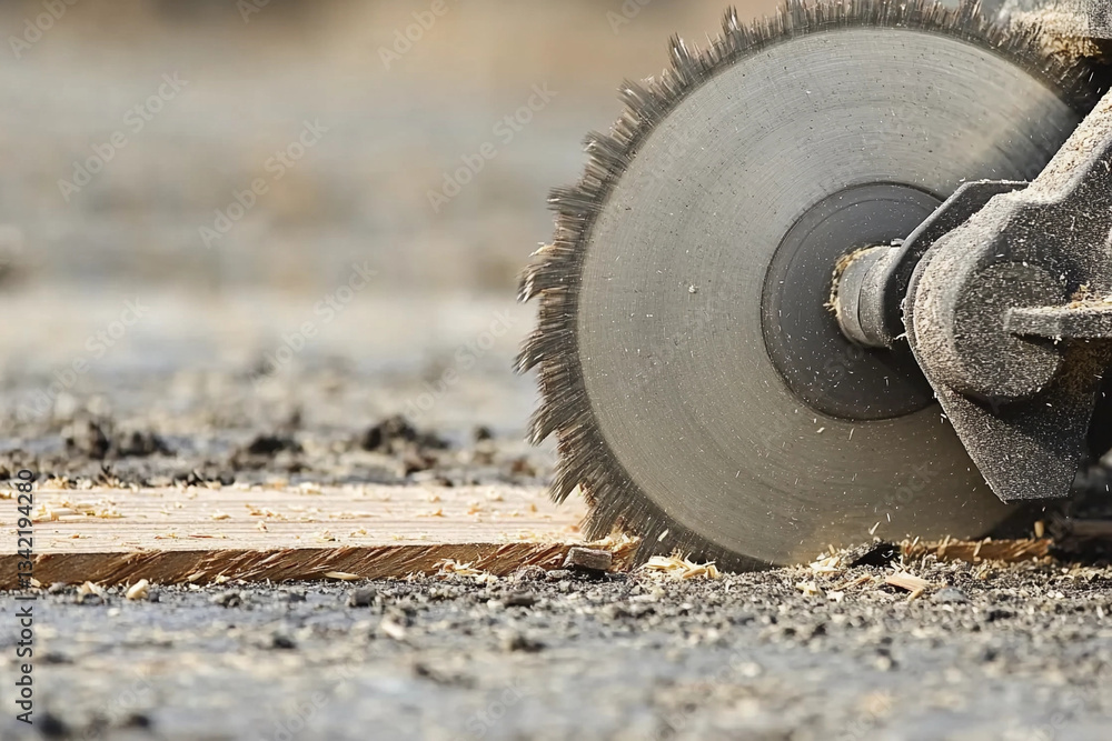Close-up of a power saw cutting through wood on a construction site in the afternoon light Close-up of a power saw cutting through wood on a construction site in the afternoon light