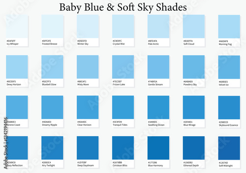 Color Palette 28 Baby Blue and Sky Tones - 3d Light Cool Colours - with HEX Codes and Names, Colour Scheme and Combinations