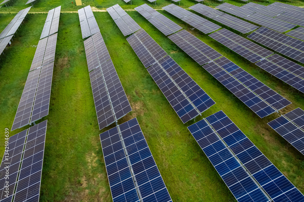 Aerial view of solar panels. Power farm producing clean energy Aerial view of solar panels. Power farm producing clean energy