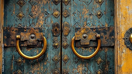 Ornate wooden door with brass knockers showcasing weathered textures