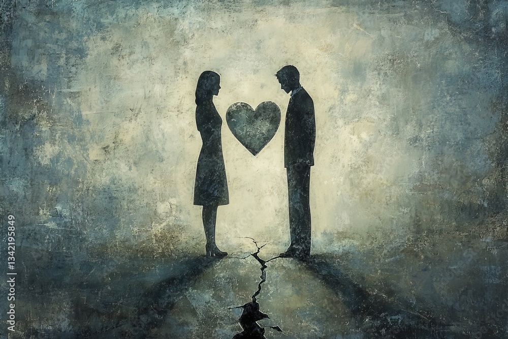 Couple separated by crack with heart between representing lost love Couple separated by crack with heart between representing lost love