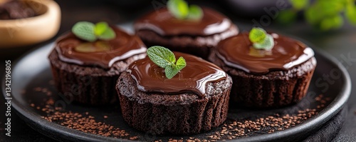 World chocolate day with sweet and pastry idea. Decadent chocolate financier pastries garnished with mint leaves. photo