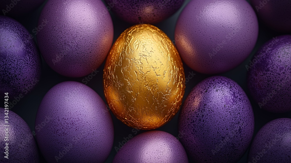 A striking gold egg stands out amid a cluster of purple eggs, emphasizing uniqueness and individuality in design. A striking gold egg stands out amid a cluster of purple eggs, emphasizing uniqueness and individuality in design.