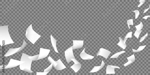 Simple widescreen realistic vector of flying white blank papers on transparent background.