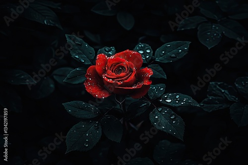 Fototapeta Naklejka Na Ścianę i Meble -  Dark red rose with dew drops on leaves (1)