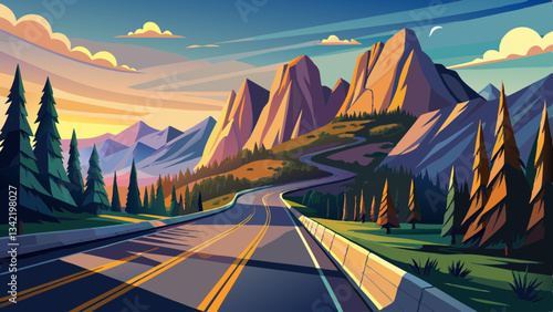 asphalt road run into the mountain in morning light with little