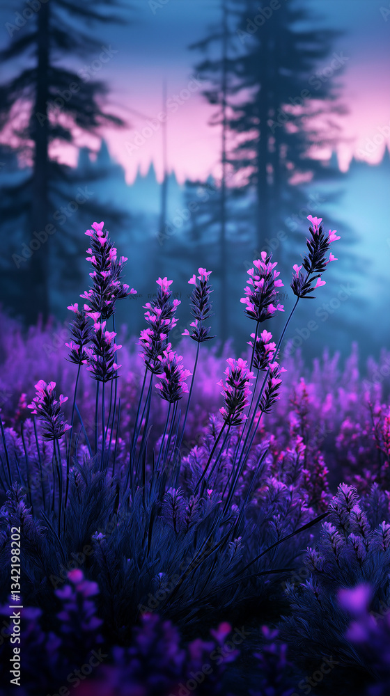 Obraz premium Lavendel blüht im mystischen Morgennebel