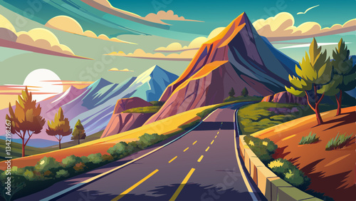 asphalt road run into the mountain in morning light with little