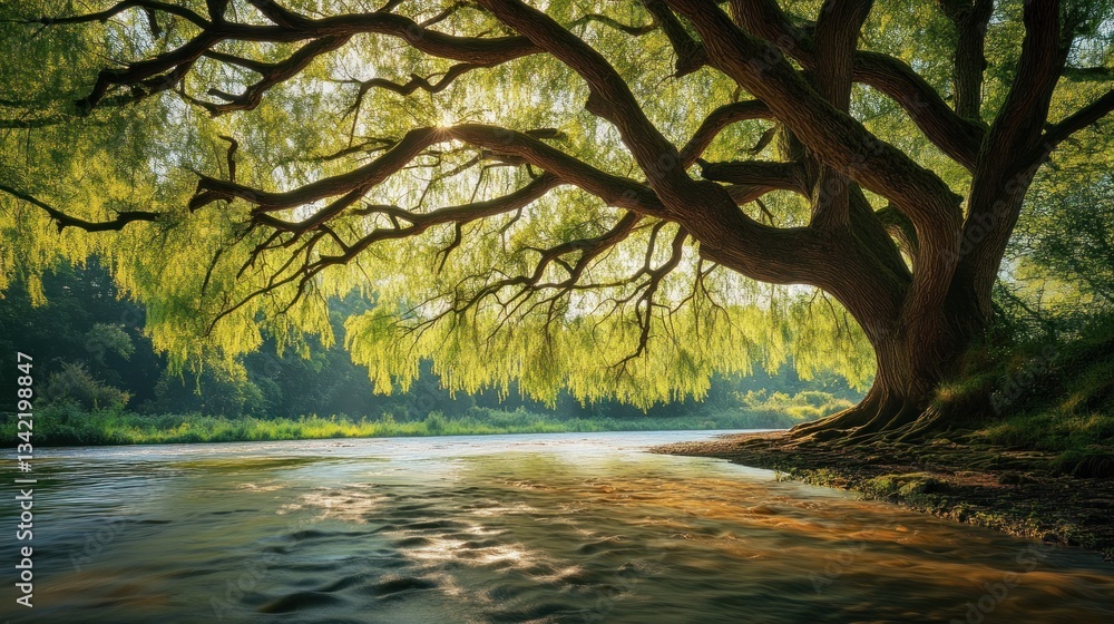 Majestic willow tree gracefully cascades over the tranquil water surface Majestic willow tree gracefully cascades over the tranquil water surface