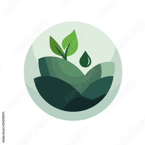 Nature Based Solution Icon. A stylized globe with leaf and water droplet, sustainable design