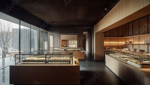 Wallpaper Mural Minimalist bakery interior, pastries displayed, winter garden view, Japan Torontodigital.ca