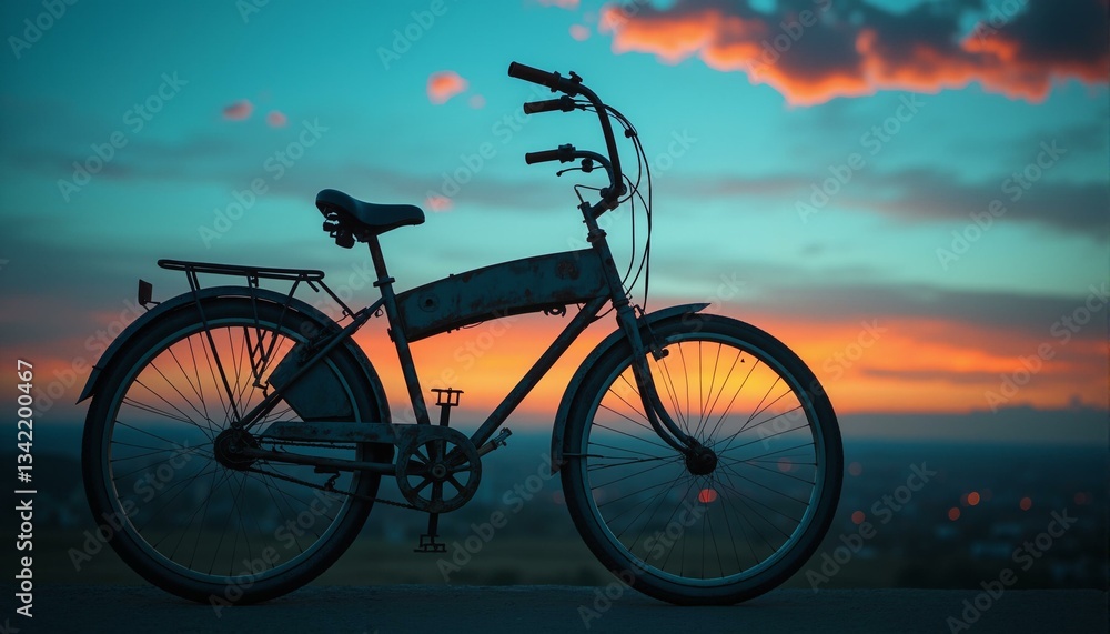 Naklejka premium A vintage bike stands out against a vibrant city skyline at sunset.