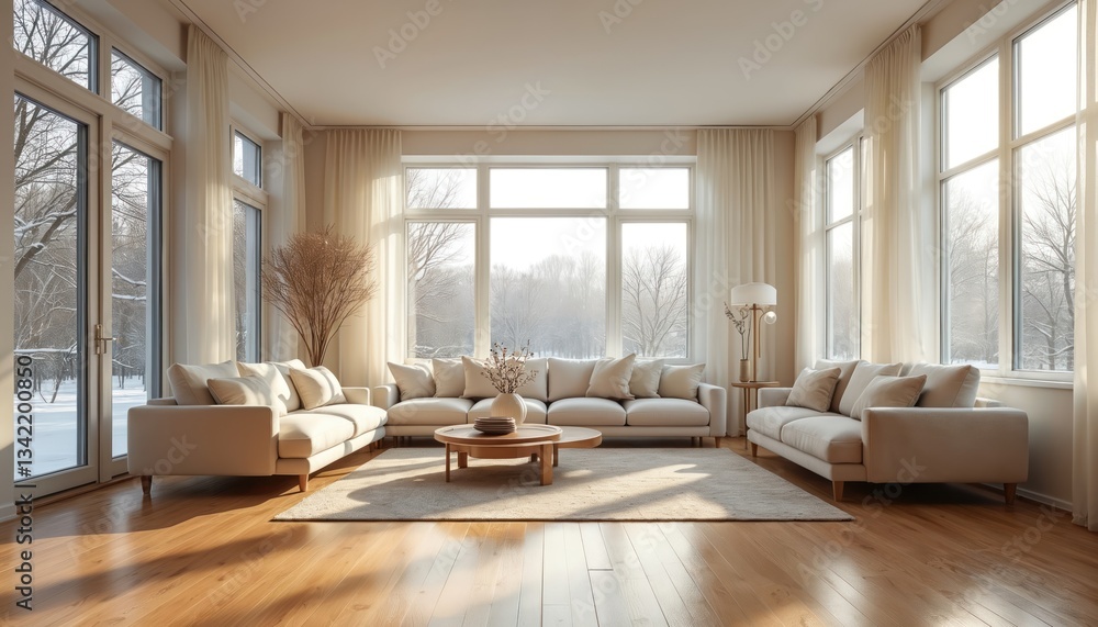 Fototapeta premium Sunlit living room features hardwood floors, winter landscape outside windows. Interior of cozy space, sofas with pillows, round wooden coffee table, minimalistic design, neutral colors. Elegant