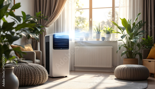 Modern portable air conditioner with cool fresh blue moving stream in living room. Summer cooling system installation. Ventilation system. Energy efficient climate control