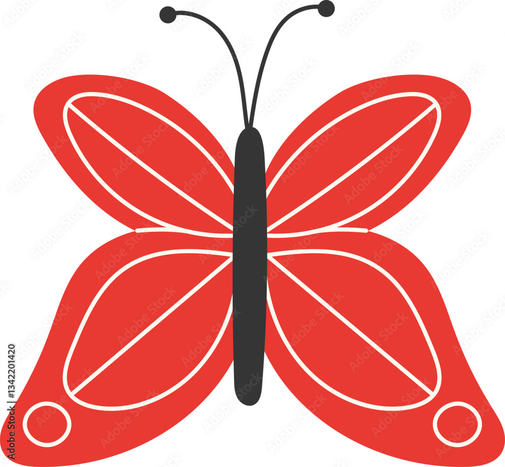 Naklejka premium Elegant Red Butterfly with White Linear Patterned Wings in Flat Style Isolated on White Background