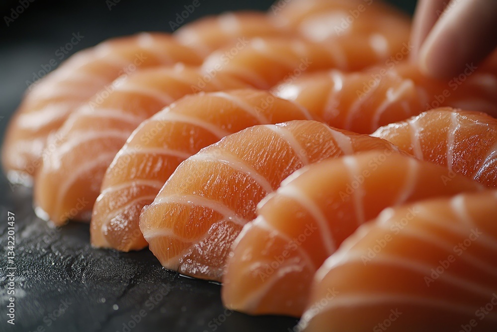 Salmon sashimi preparation, dark background, close-up, food photography Salmon sashimi preparation, dark background, close-up, food photography