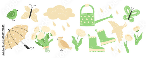 Delicate Springtime Collection of Rubber Boots, Flowers, Birds, White Peonies and Butterflies