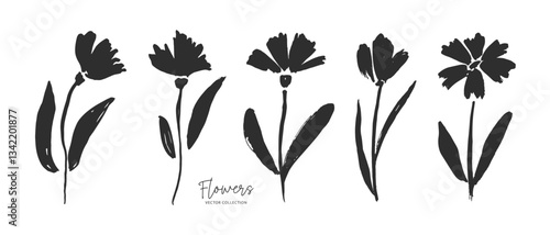 Set of hand drawn flowers, black silhouette of plant drawn with brush. Floral grunge abstract illustration. Vector simple flower, ink stroke.