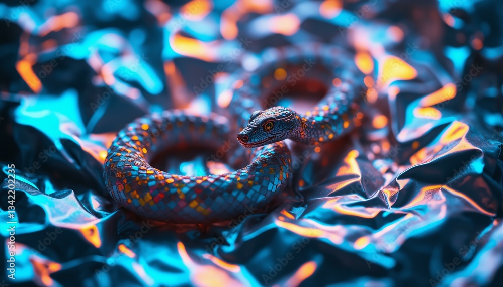 Obraz premium Iridescent serpent on crumpled, holographic foil with rainbow creases and folds under soft moonlight.