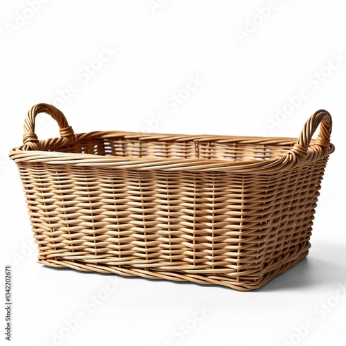 Woven empty basket, square shape. Traditional handmade brown container on white transparent background. Rustic wicker basket for clothes, picnic, laundry, storage. Craft home decor element, domestic