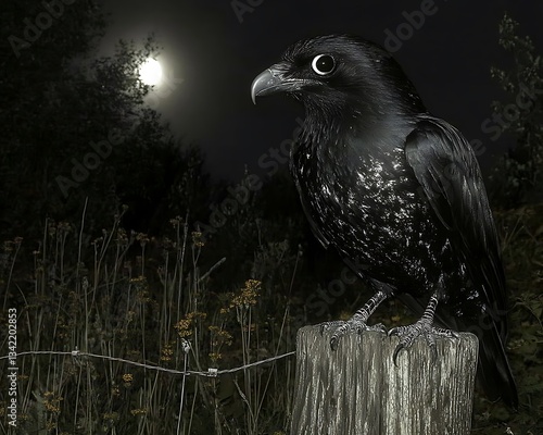 A black bird observes the night sky illuminated by the full moon