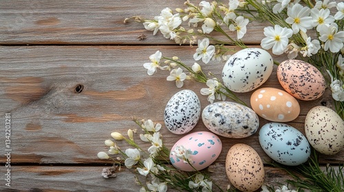 Decorated Easter eggs on rustic wooden background with flowers