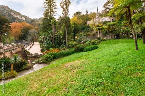 The 16th century Renaissance style Quinta da Regaleira manor and palace grounds with the hilltop Moorish Castle above at Sintra, Portugal, classified as a World Heritage Site by UNESCO.	