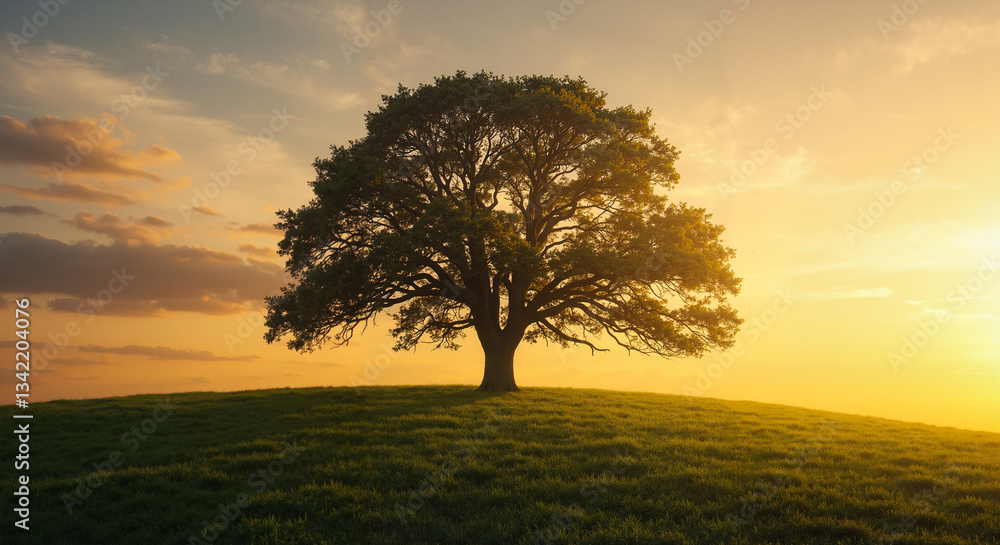 Lone Oak Tree in Golden Hour Light on Empty Grassy Hill Lone Oak Tree in Golden Hour Light on Empty Grassy Hill