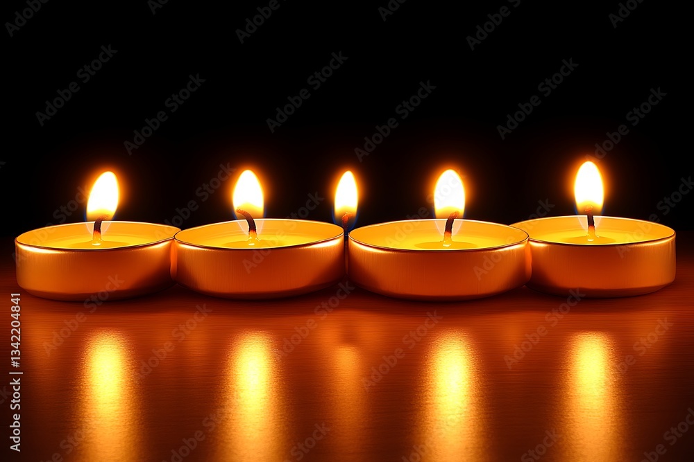 Burning tealight candles reflecting on a wooden table Burning tealight candles reflecting on a wooden table