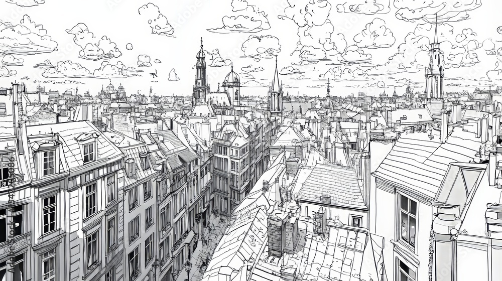 Fototapeta premium A detailed line art coloring page of Brussels Belgium Cityscape features architecture, trees, a canal, and a church spire, symbolizing history in a detailed illustration