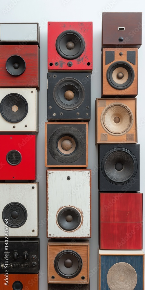 Obraz premium A row of speakers are lined up, with some being red and some being white. The speakers are all different sizes and shapes, and they are arranged in a way that creates a visually interesting display