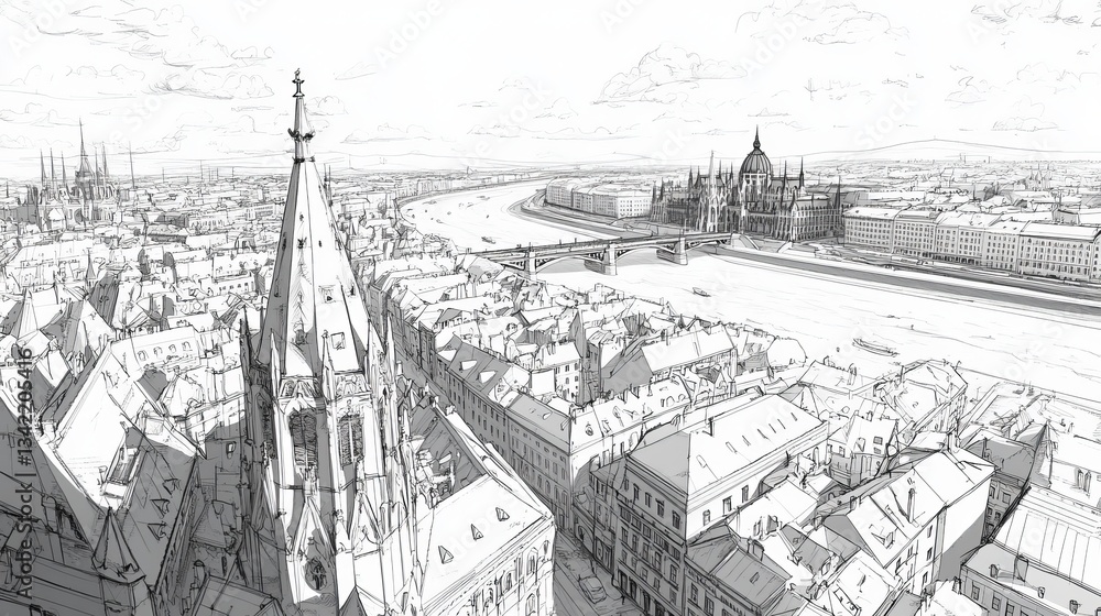 Fototapeta premium This line art coloring page showcases the iconic Budapest Parliament Building and Chain Bridge in intricate detail, representing architecture, history, travel, and cityscape