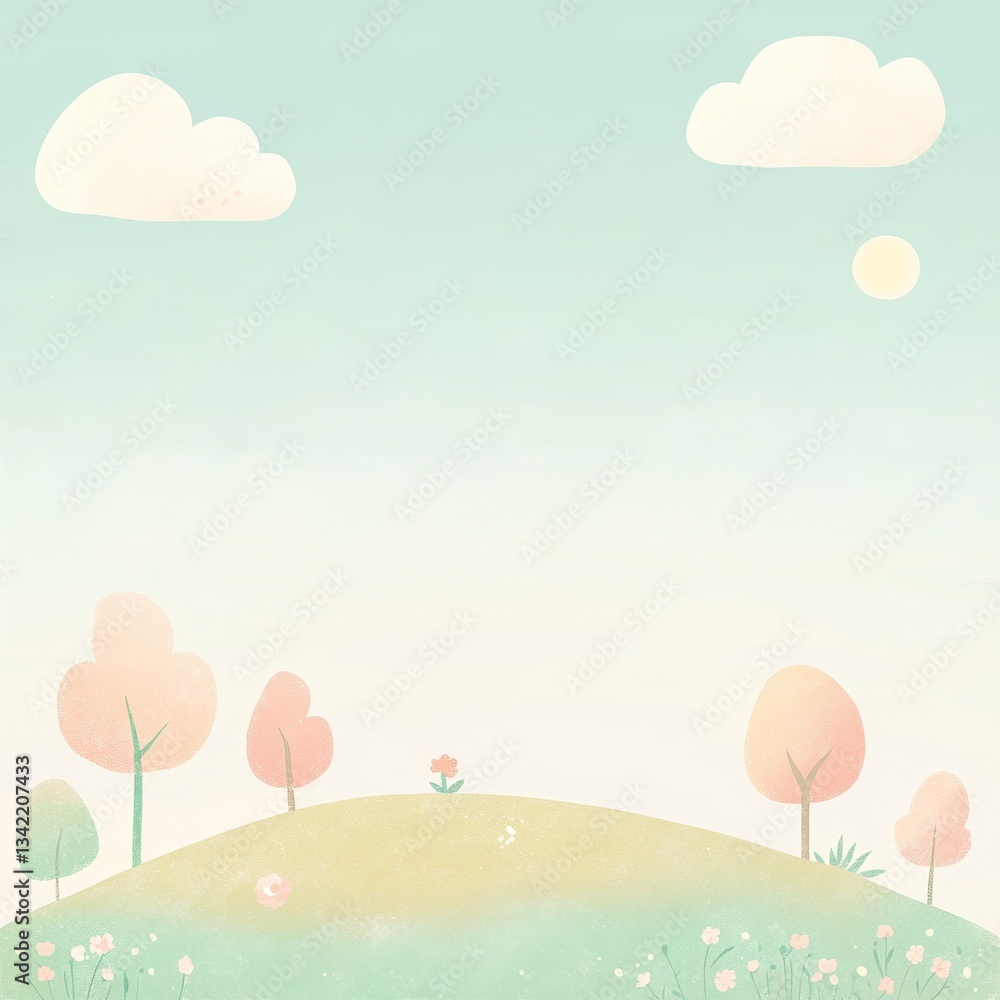 Whimsical Spring Nature Landscape with Clouds, Hills, and Trees – Vibrant and Cheerful Illustration Background Whimsical Spring Nature Landscape with Clouds, Hills, and Trees – Vibrant and Cheerful Illustration Background