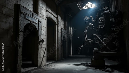 The image depicts an old, abandoned clockwork factory with its metallic gridwork covered in shadows, silvery tones gradating to black. Twisted gears and cogs cast eerie shadows on worn stone walls. photo