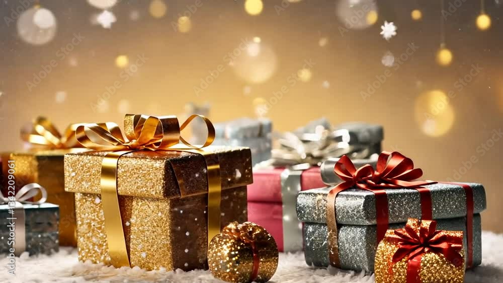 Weihnachtsgeschenke in funkelnder Dekoration bei warmem Licht