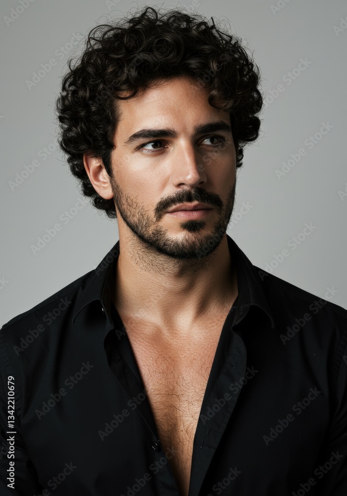 Obraz premium A handsome man with curly hair and a beard poses in a studio wearing an elegant black shirt.