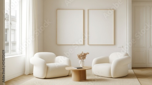 Minimalist living space features cozy chairs and natural light e