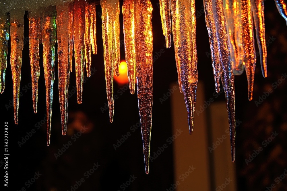 Iridescent icicles glow with warm light in the dark Iridescent icicles glow with warm light in the dark