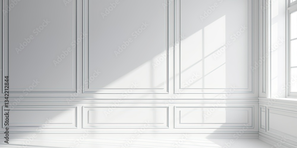 Fototapeta premium Sunlit White Room Corner, Paneling, Window, Interior Design Mockup
