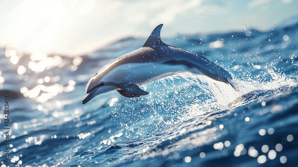 Fototapeta premium Playful dolphin leaping gracefully from the ocean sunlight catching its sleek wet skin as it splashes joyfully back into the water