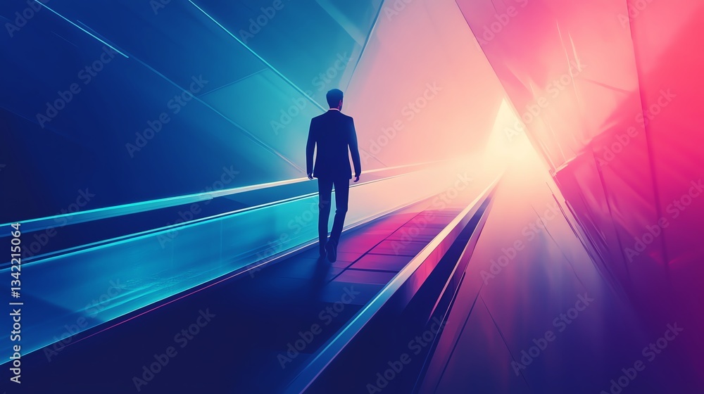 A businessman navigating an arrow bridge towards blockchain technology, representing growth, investment, and the path to future technologies A businessman navigating an arrow bridge towards blockchain technology, representing growth, investment, and the path to future technologies