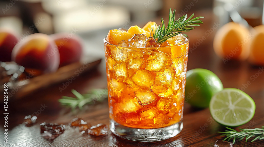 Fototapeta premium A peach cocktail in a glass with ice cubes, fresh rosemary, and sliced peach, placed on a rustic wooden table