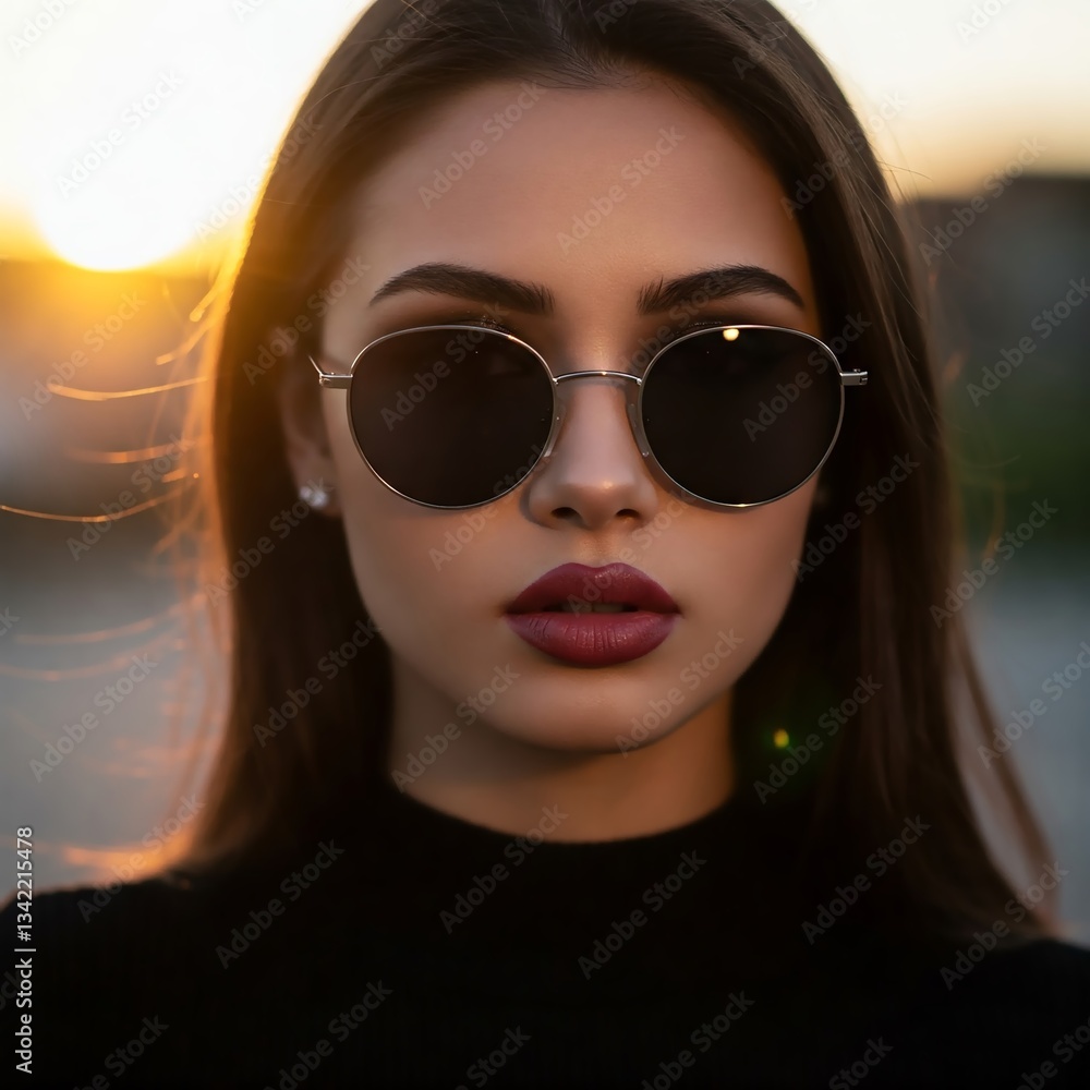 A high-end close-up portrait of a stylish woman with dramatic smoky eyes, gazing through trendy sunglasses. Warm sunset tones and premium textures create a luxurious fashion aesthetic. 1:1 format. A high-end close-up portrait of a stylish woman with dramatic smoky eyes, gazing through trendy sunglasses. Warm sunset tones and premium textures create a luxurious fashion aesthetic. 1:1 format.