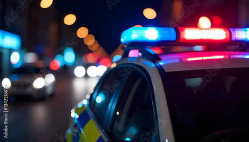 Police car with flashing lights at night, symbolizing emergency response and law enforcement action.