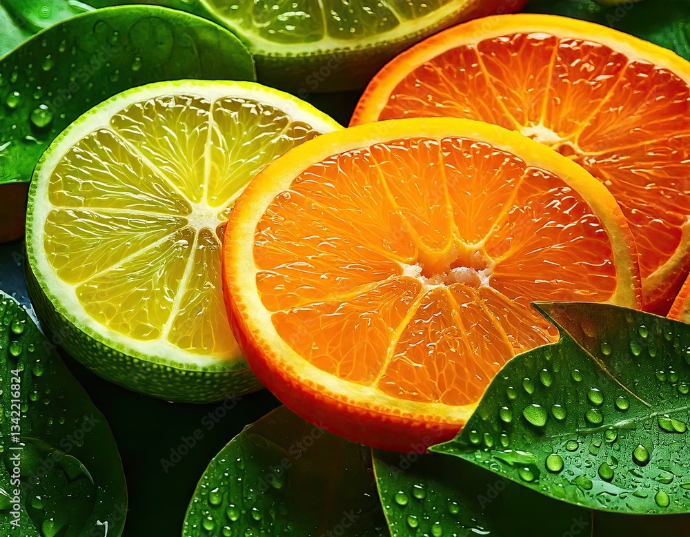 custom made wallpaper toronto digitalClose Up of slice Lime, lemon and orange with Water Drops on Leaves