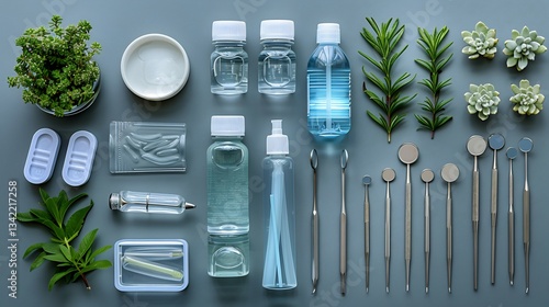 Polished overhead shot of prophylaxis kit for dental cleaning displaying clean methodical placement of each item