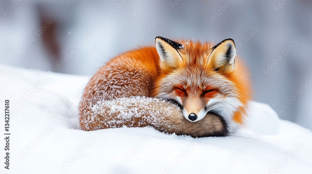 Fototapeta premium Red fox curled up in the snow its bushy tail wrapped around its body for warmth eyes alert as it listens for prey beneath the frost